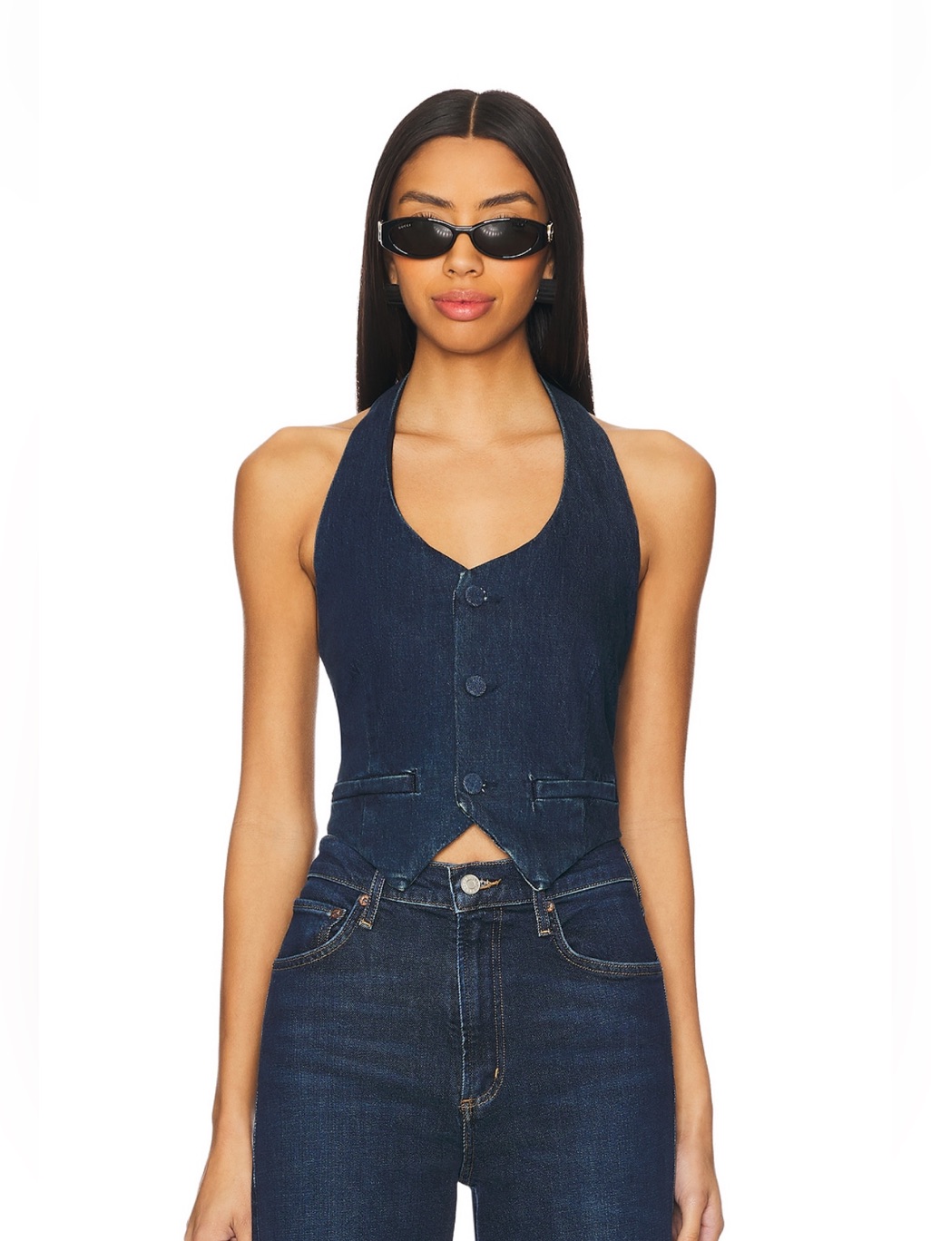 Good American Dark Blue Denim Halter Belted Crop Top